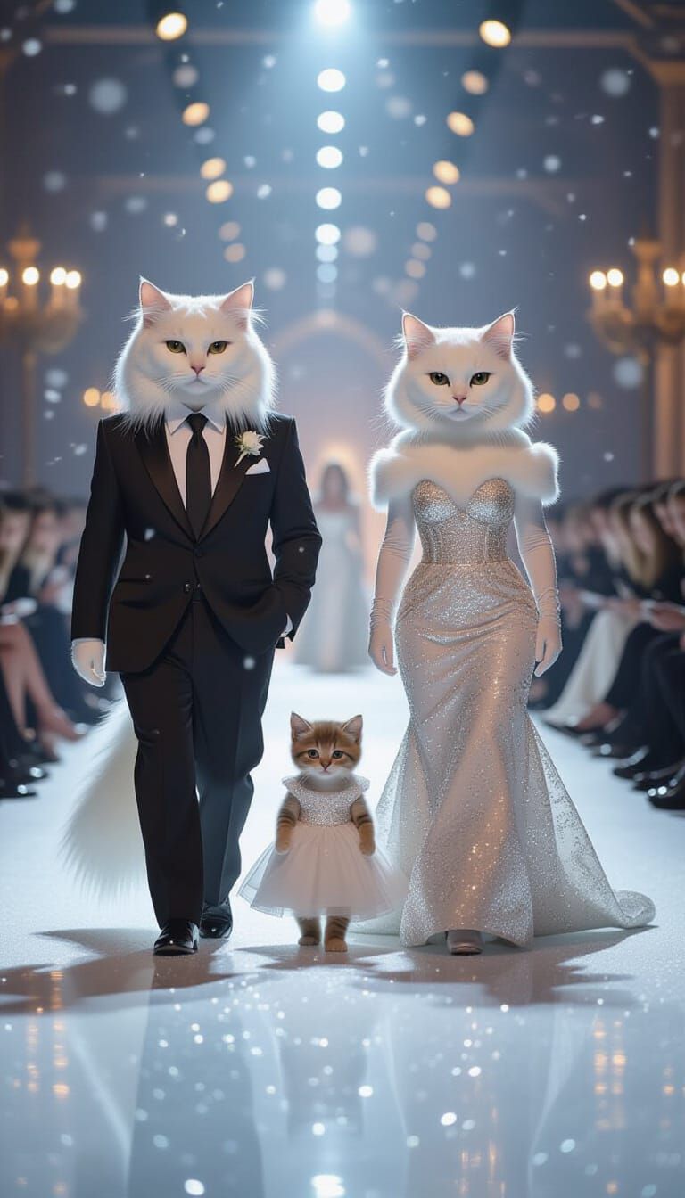 Stylish Cat Family on Fashion Ramp in Cinematic Style