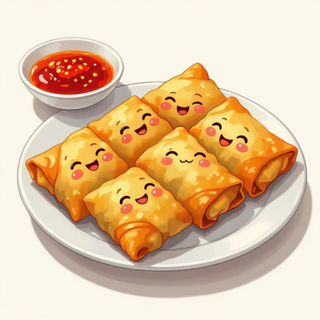 Cute Smiling Eggrolls on Plate with Chili Sauce