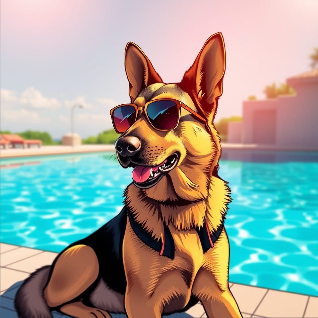 German Shepherd in Sunglasses Basks by Poolside Oasis