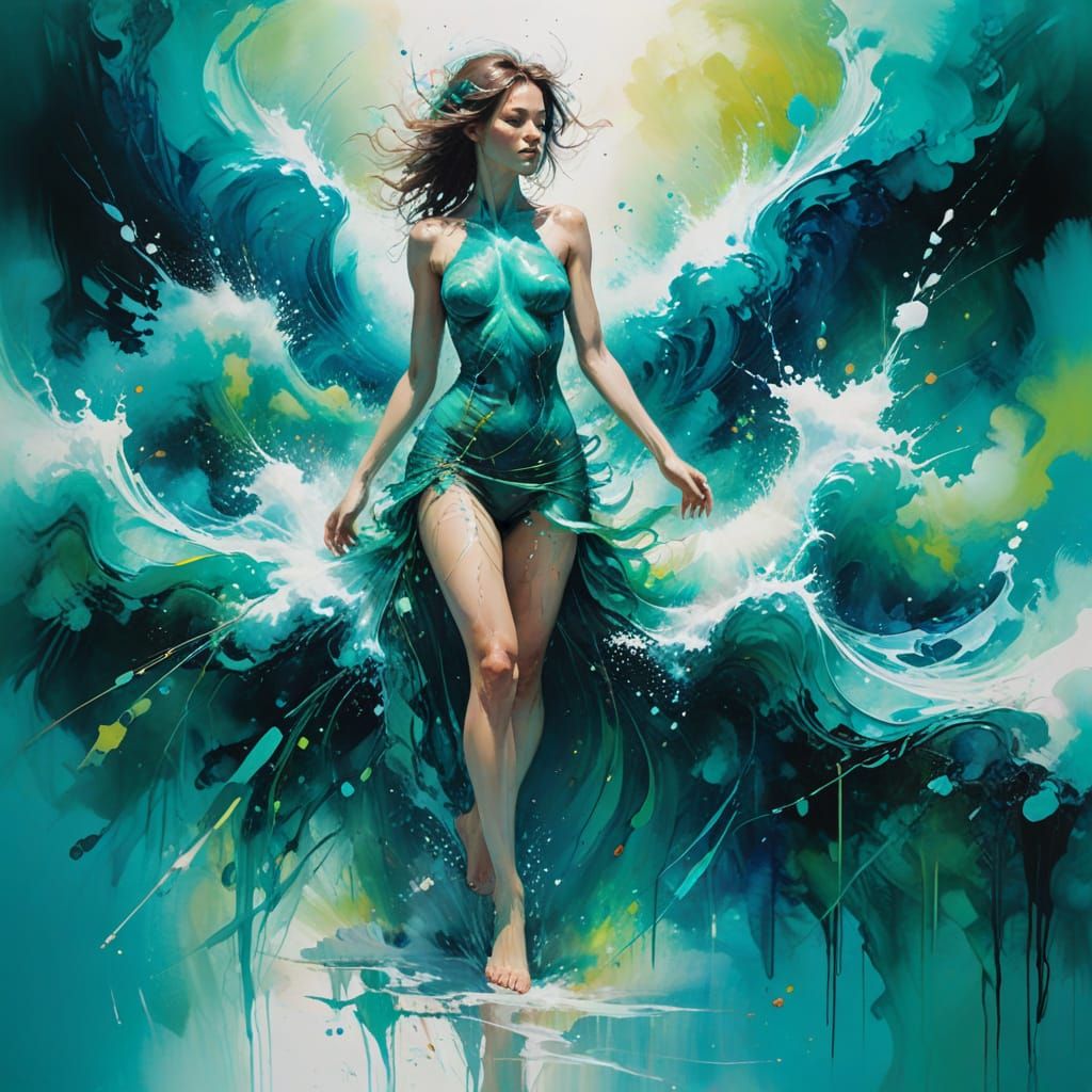 Abstract Turquoise Energy Landscape in Digital Watercolour S...