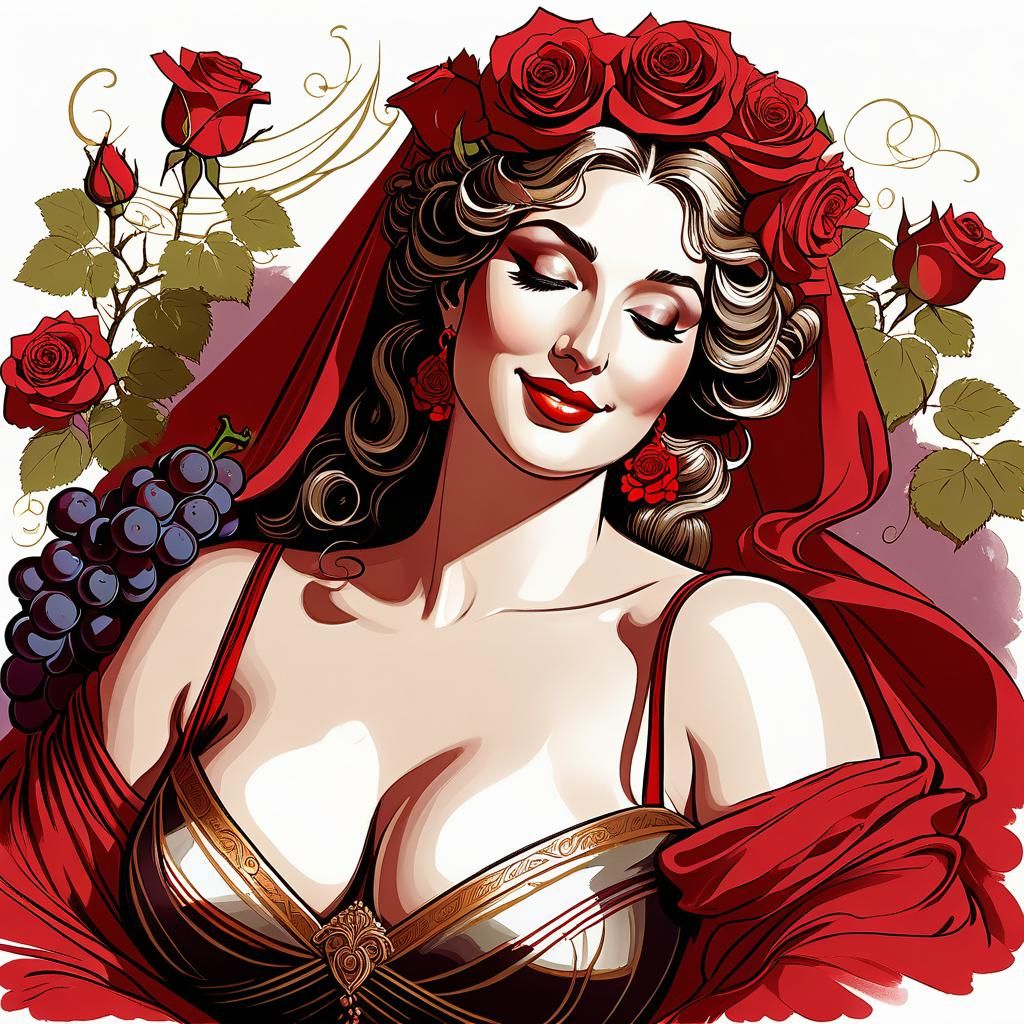 Beautiful Female Dionysus Sketch with Roses and Wine