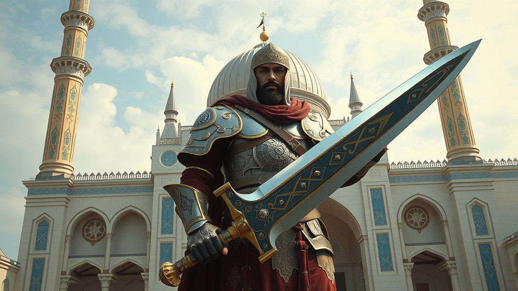 Warrior with Enormous Sword Before Mosque