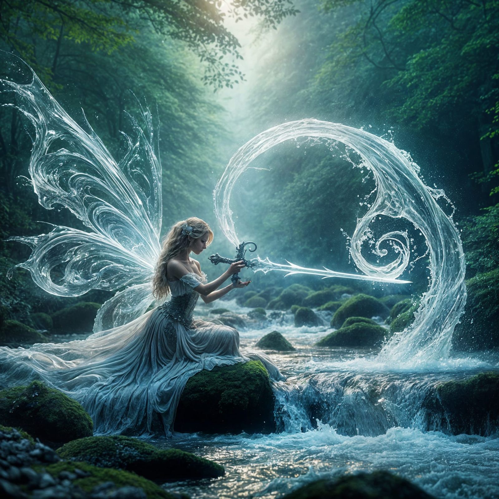 Ethereal Fairy Forges Majestic Water Sword in Lush Forest