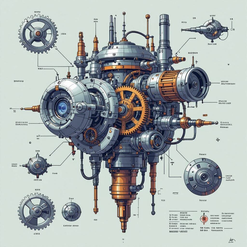 Intricate Mechanical Machine Diagram in Blueprint Style