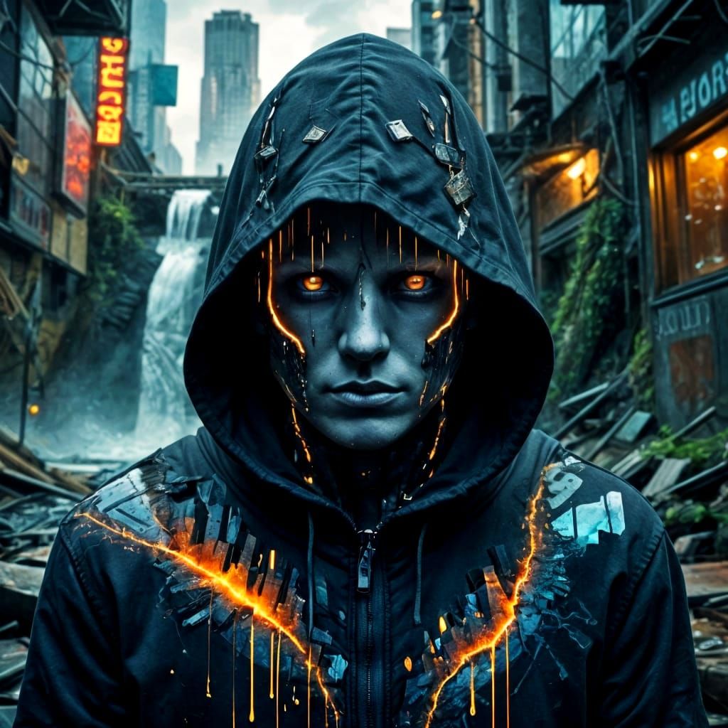 Cyberpunk Hooded Figure Double Exposure: Surreal Reality