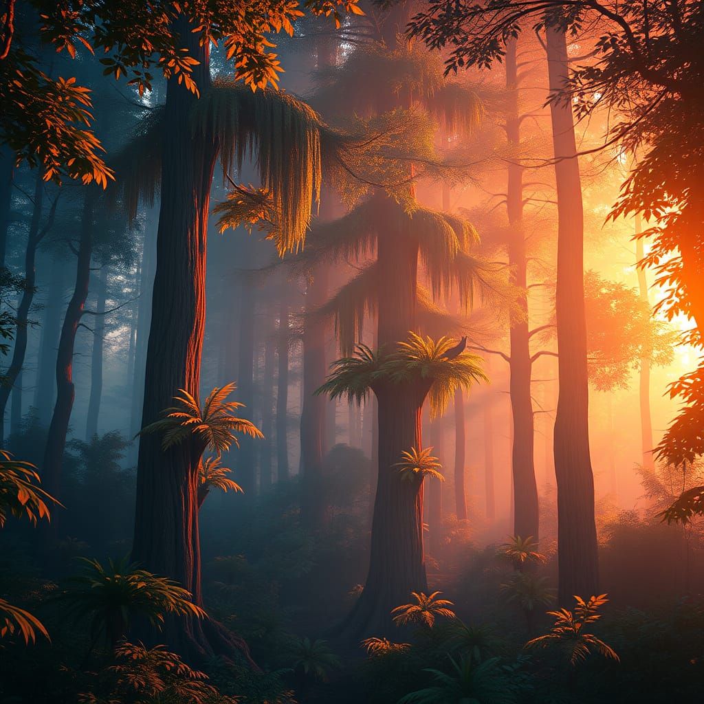 Lush Forest Landscape with Volumetric Lighting