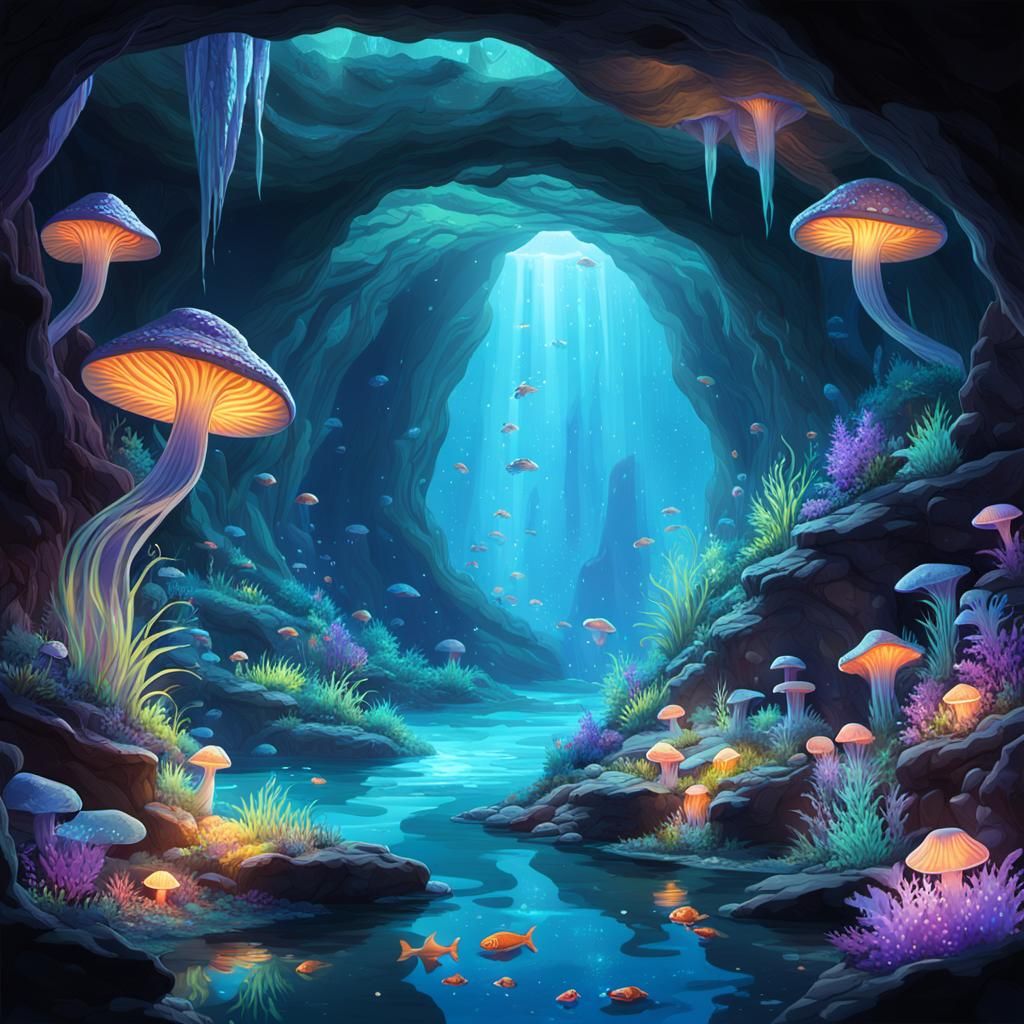 Bioluminescent Cave Portal with Pet Fish