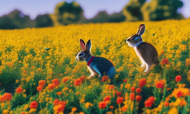 Bunny-People Play in Wildflower Field: Pixar Style