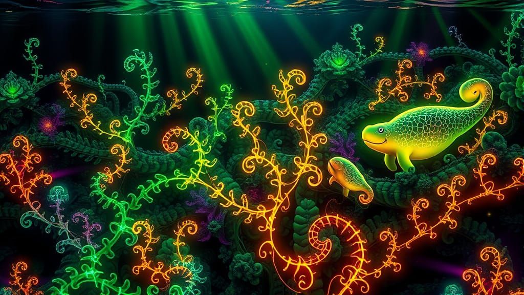 Bioluminescent Kelp Forest with Hippos in Fractal Style