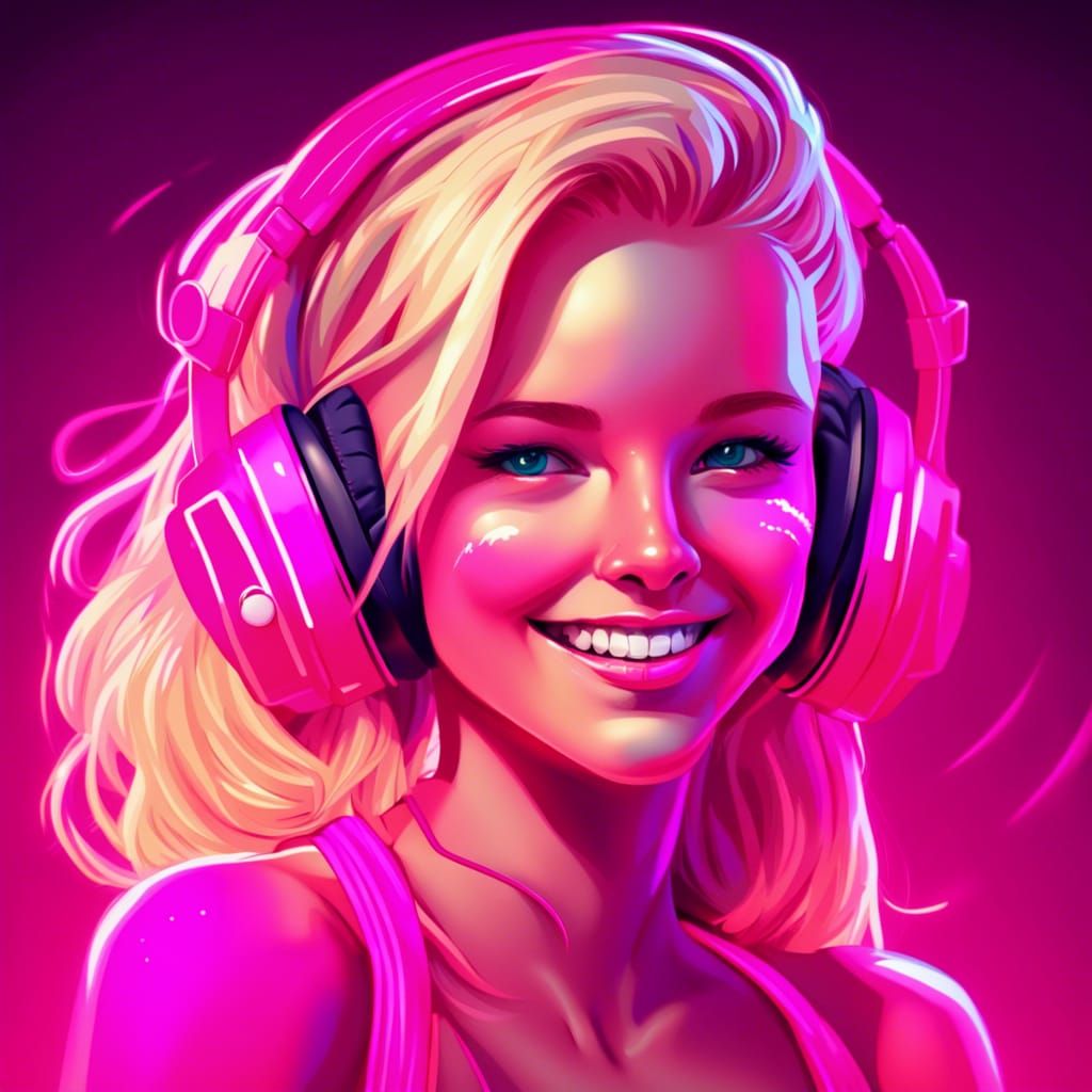Cute Blonde Girl in Pink: Synthwave Neon Portrait