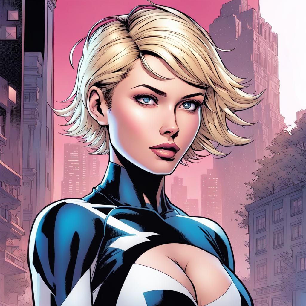 Blonde Girl in Black and White Suit, Comic Book Art