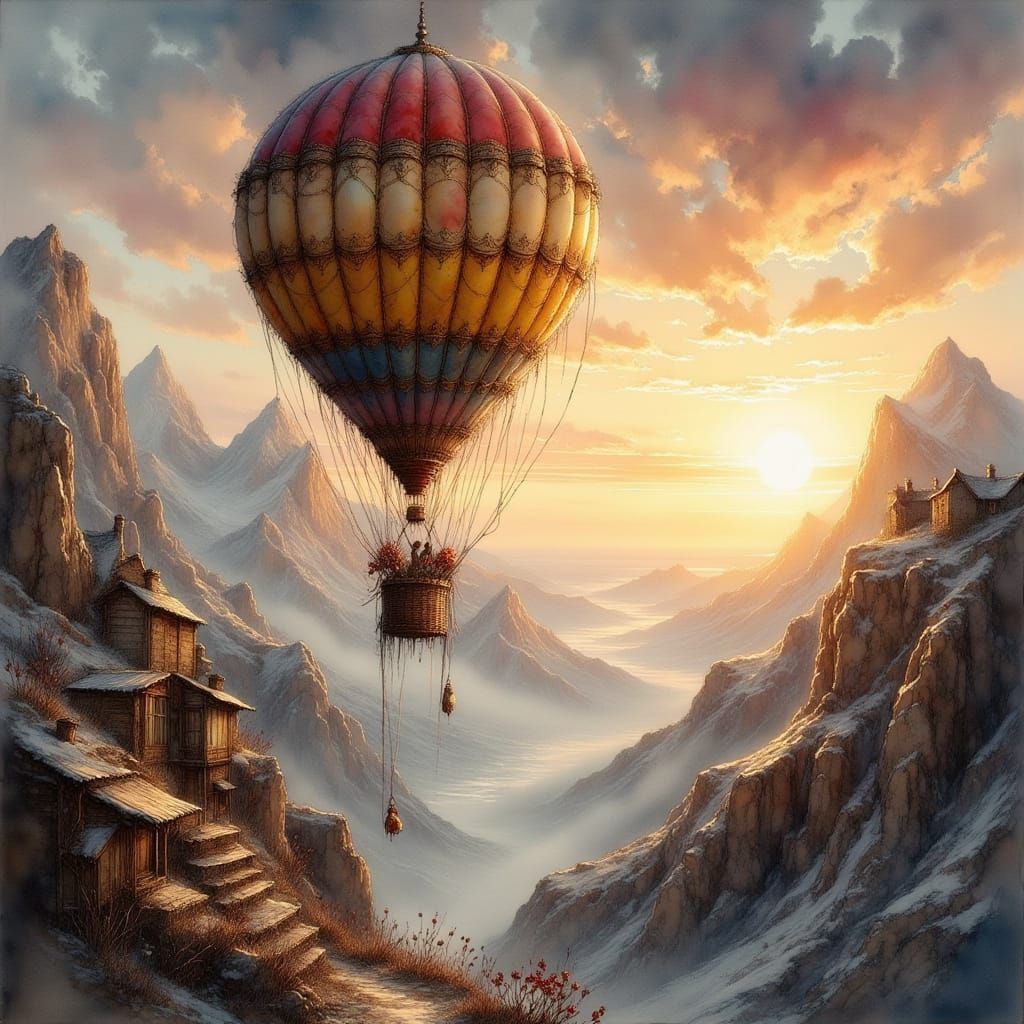 Hot Air Balloon Soaring Over Mountains: Romantic Landscape