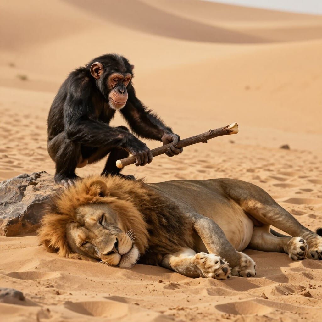 Hyperrealistic Monkey Teases Sleeping Lion with Stick