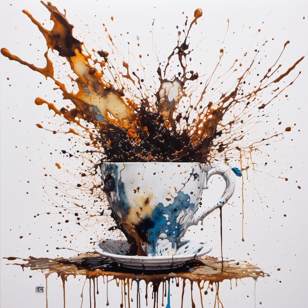 Exploding Coffee Cup in Ink Splatter Art