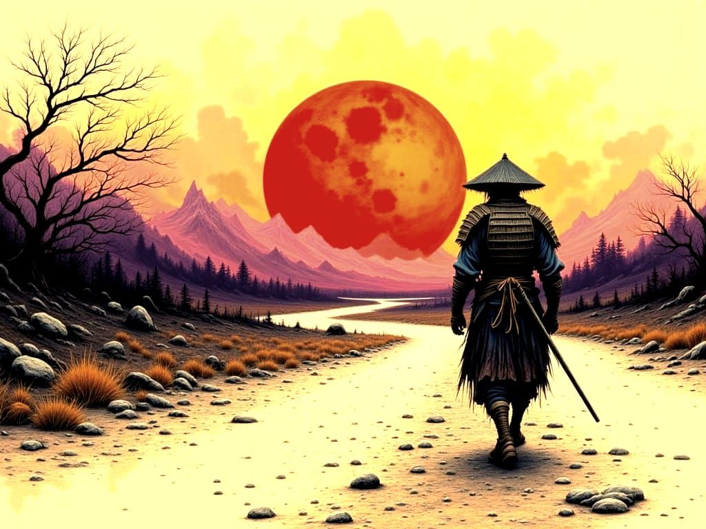 A Samurai Walks Away Under a Blood Moonlit Japanese Sunset
