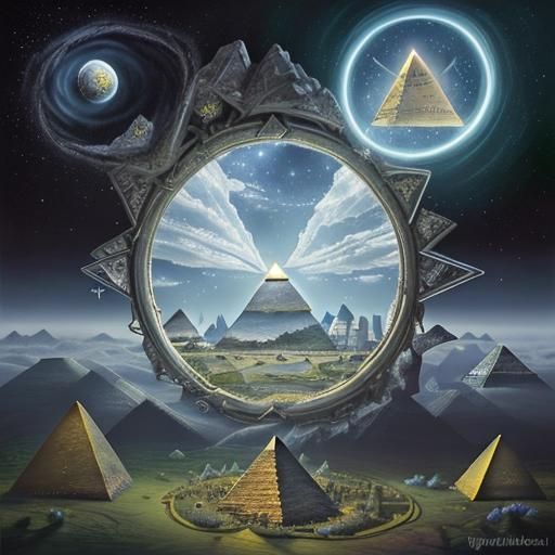 Surreal Landscape with Pyramid Buildings and Fairy Portal