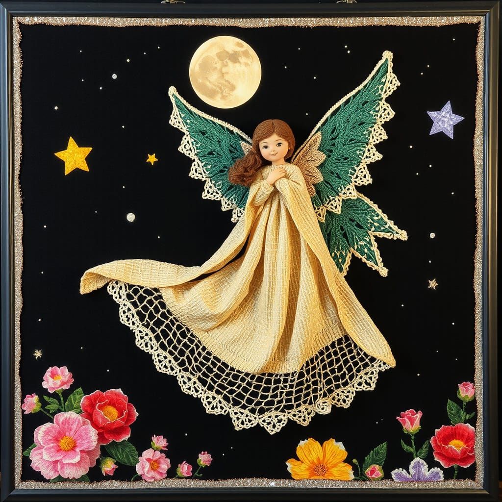 Klimt-Inspired Crochet Angel in Cosmic Space
