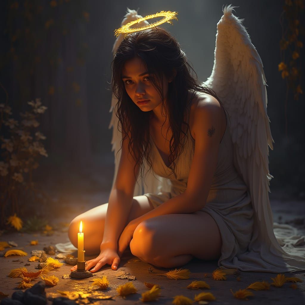 Divine Woman Amidst Golden Feathers in Moody Light
