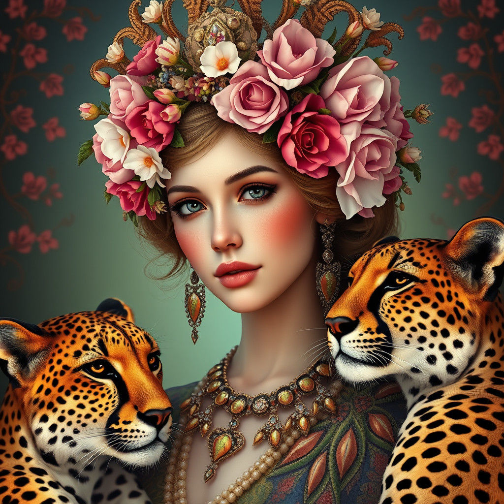 Fantasy Flower Girl Portrait in Art Nouveau Style