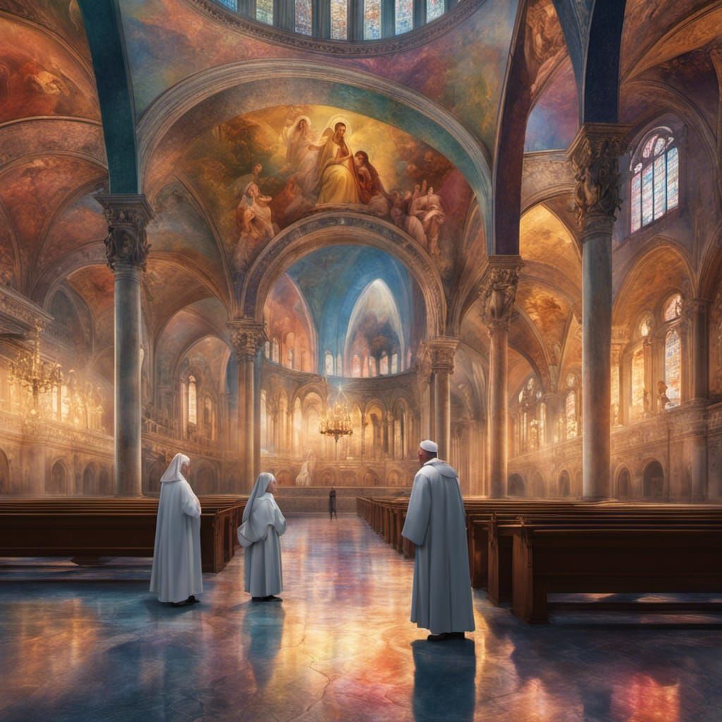 Nun and Priest Contemplate Faith in Basilica