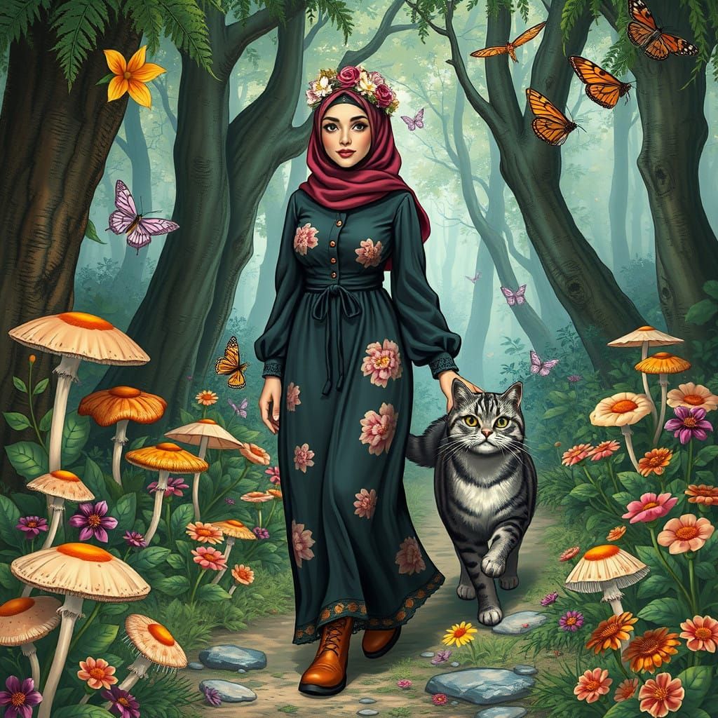 Surreal Hijabi Heroine Strolls through Enchanted Forest