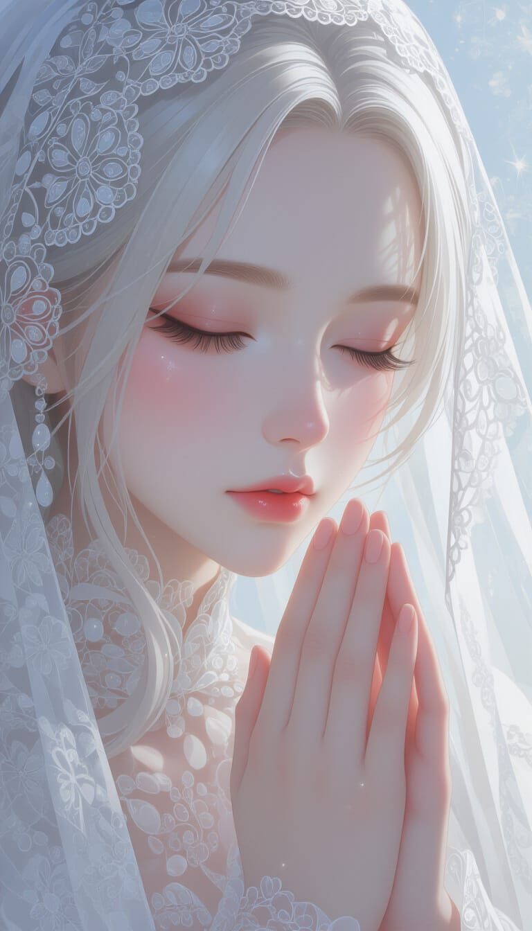 Ethereal Portrait of a Woman in White Lace Veil