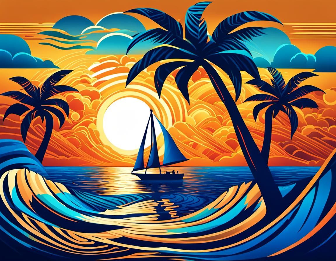 Tropical Sunset with Sailboat and Palm: Fractal Zentangle Ar...