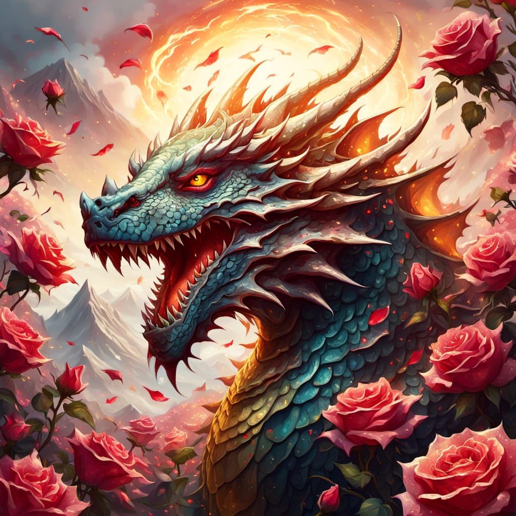 Fierce Dragon on Mountain of Roses