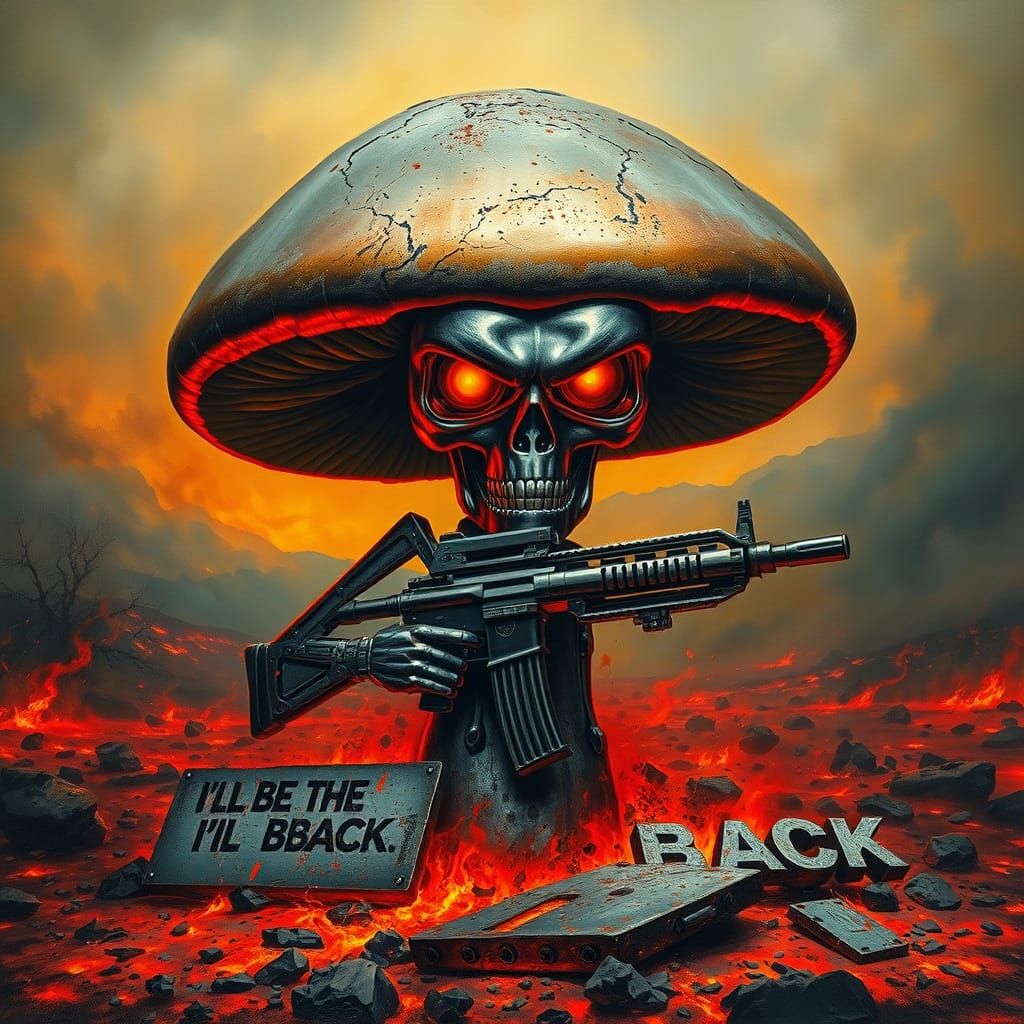 Terminator Mushroom in Fiery Landscape Oil Painting