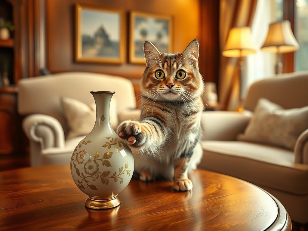 Whiskered Feline Delicately Pushes Antique Vase with Mischie...