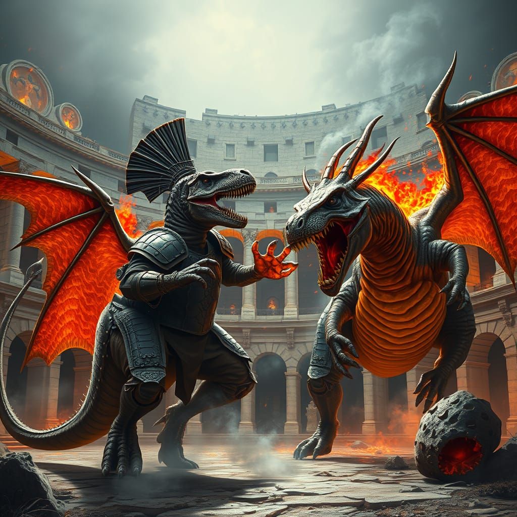 Armored T-Rex Battles Dragon in Colosseum Painting