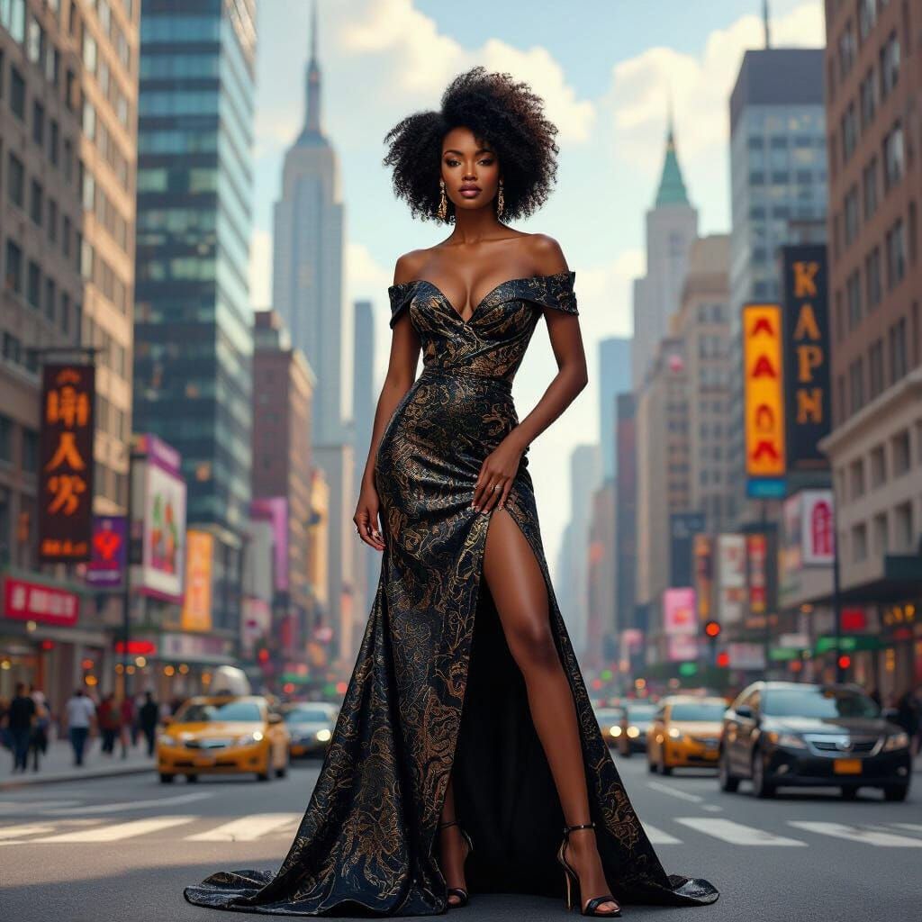 Elegant Afro American Woman in Vibrant Cityscape Portrait