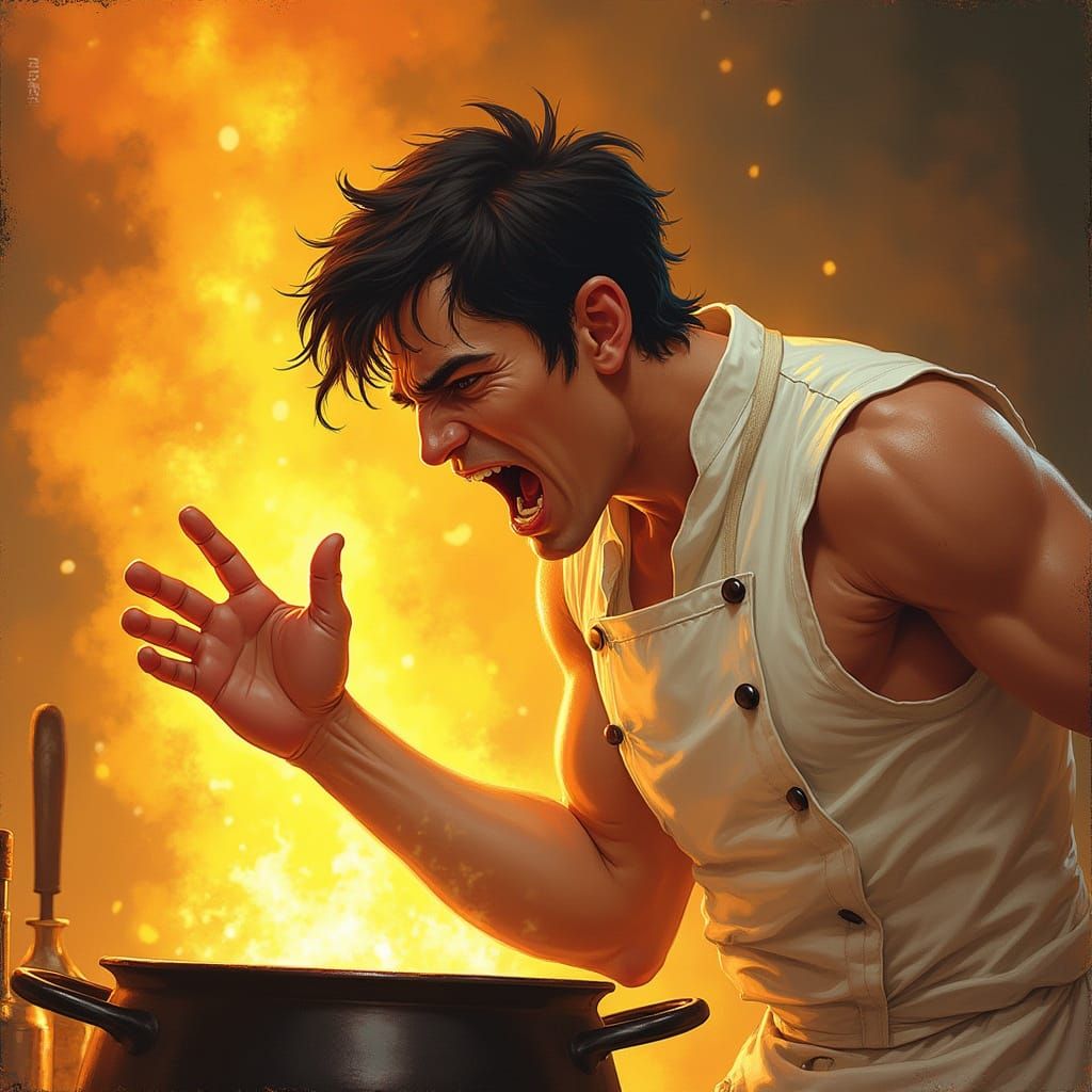 Handsome Half-Elf Chef in Frenzied Italian Kitchen Scene
