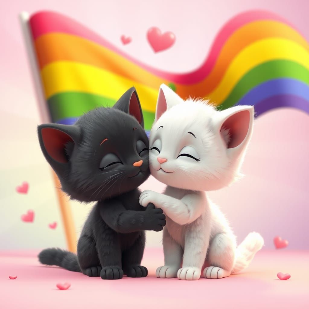 Gay Kittens Cuddle in Vibrant 3D Cartoon Scene