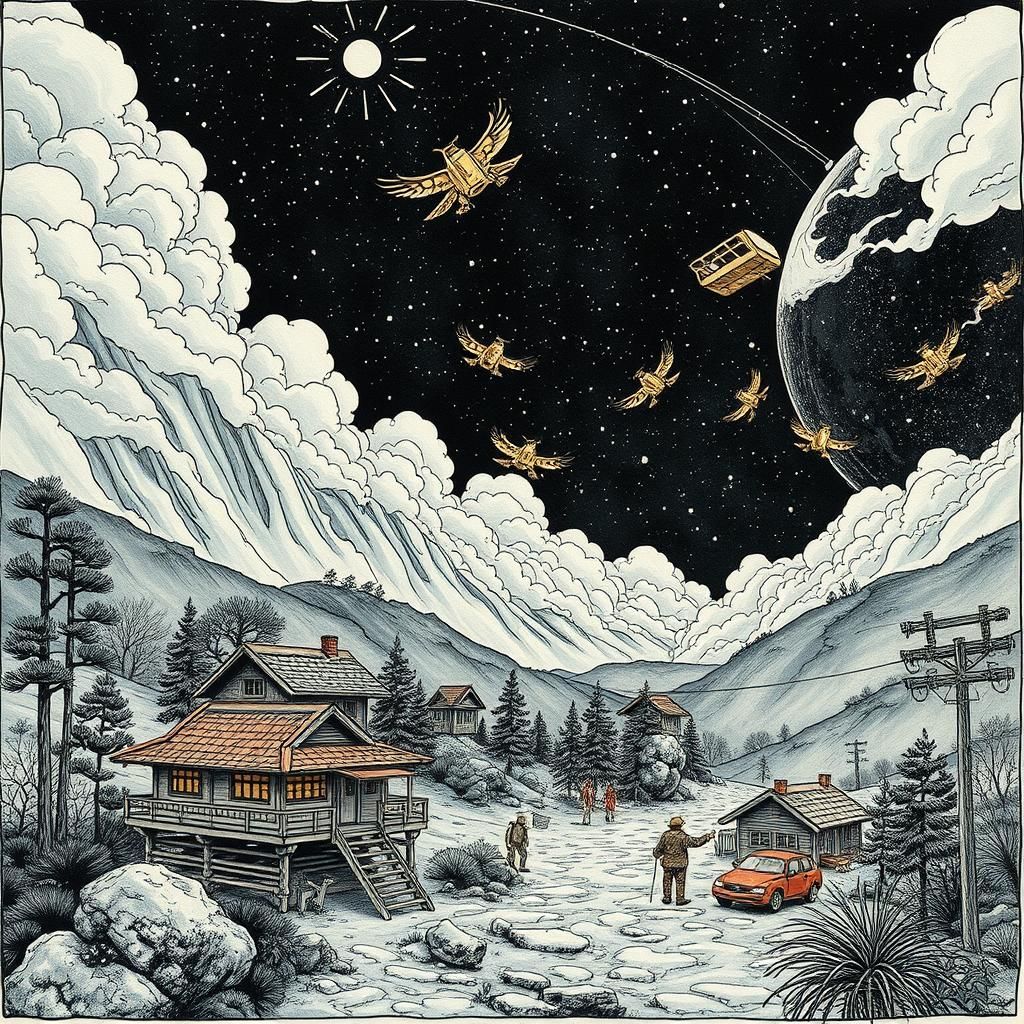 Surreal Japanese Village with Broken Flying Machines