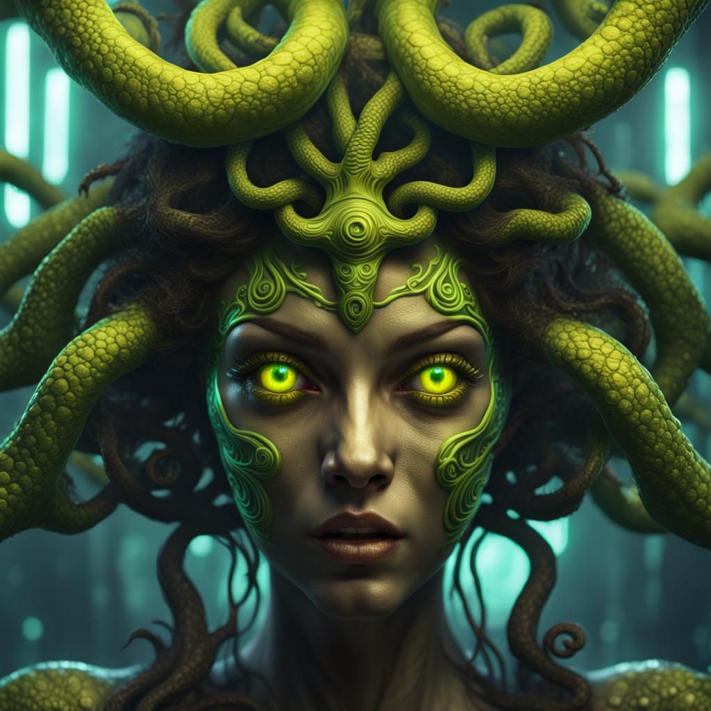 Medusa Portrait with Neon Yellow Eyes