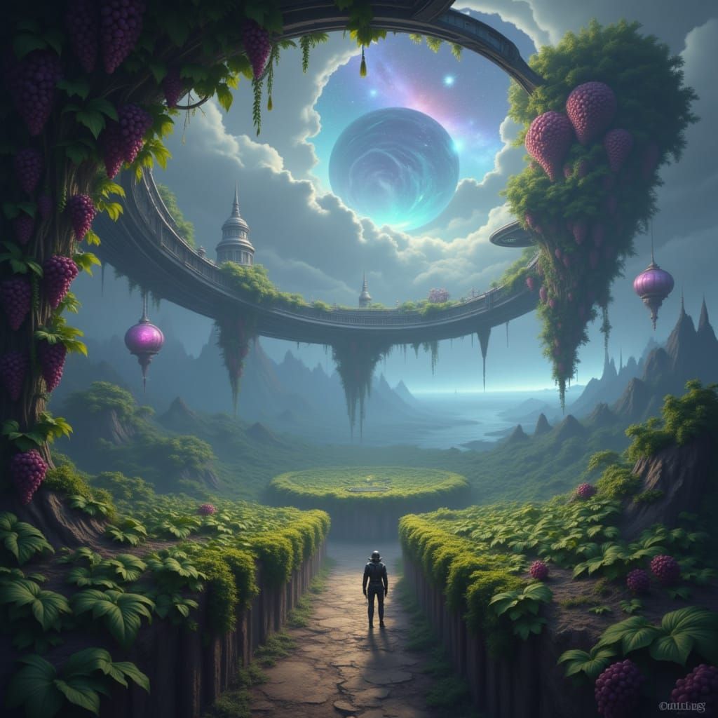 Surreal Vineyard in the Sky with Bioluminescent Grapes