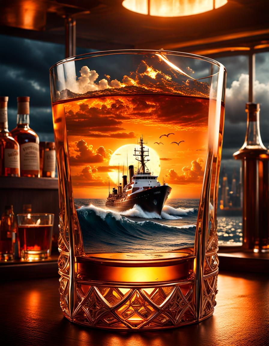 Ocean in Whiskey Glass with Rescue Boat