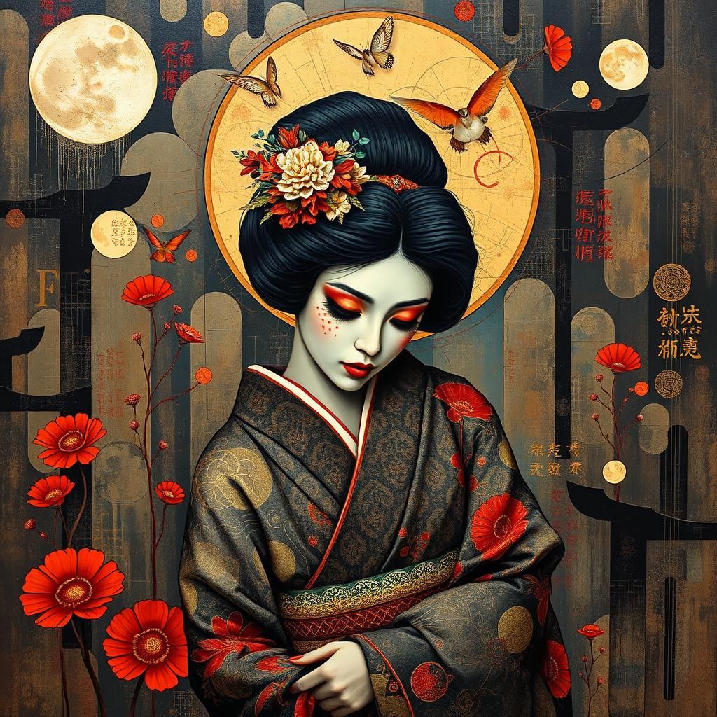 Geisha in Kimono with Impasto Art Deco Elements