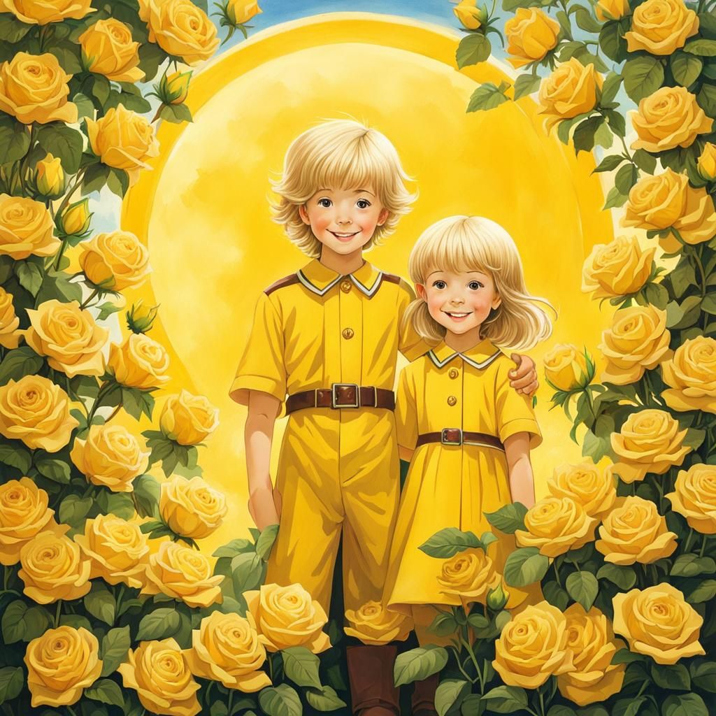 Joyful Siblings Among Vibrant Roses in a Bright Sunlit Scene