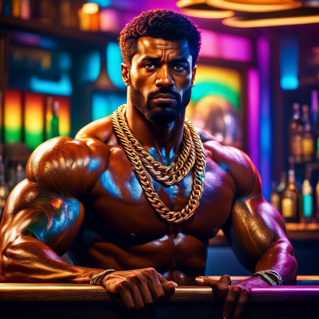 Hyperrealistic Portrait of Muscular Man with Rainbow Lightin...