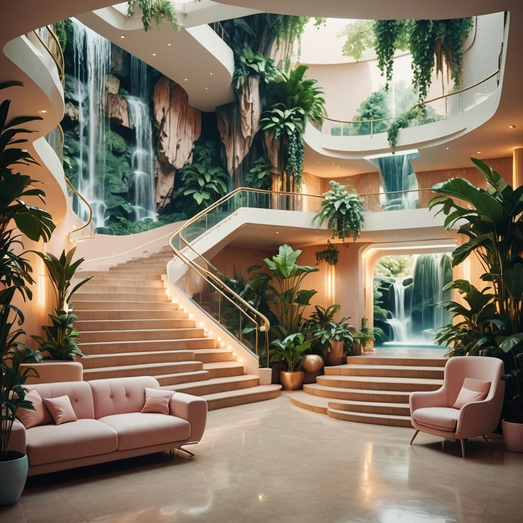 Dreamy Space Age Interior with Waterfalls, Oleographic Style