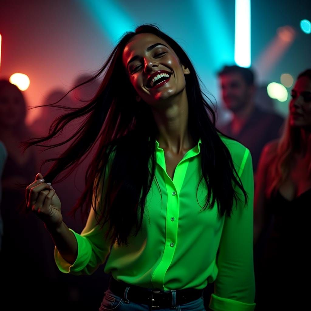 Woman in Neon Dancing: Hyperrealistic Club Scene