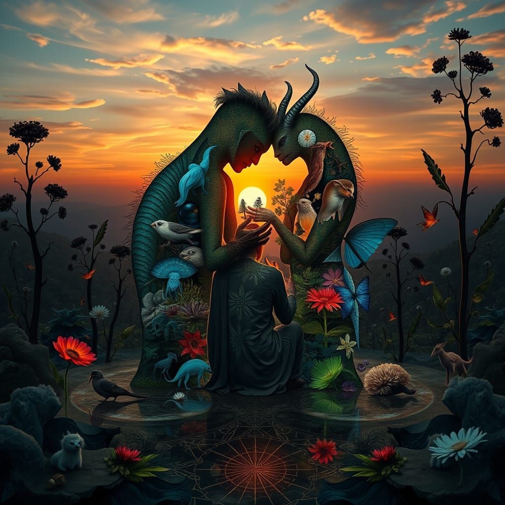 Dreamlike Collage of Mystical Creatures Amidst Vibrant Fanta...