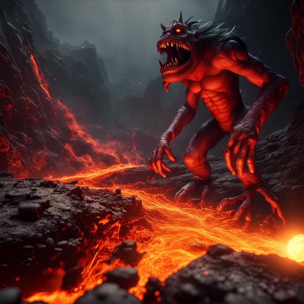 Worm Monster Trolls in Subterranean Lava Hellscape