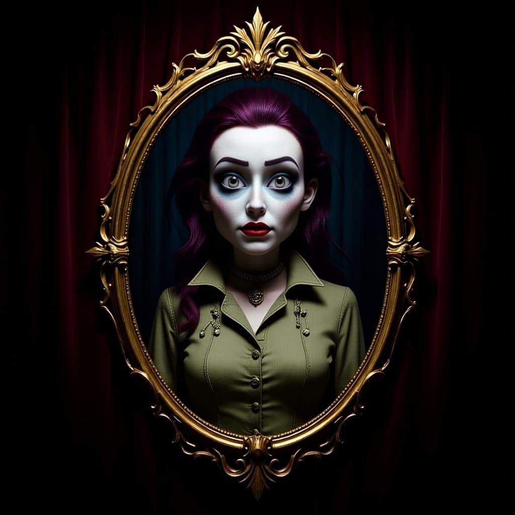Spectral Burtonesque Figure Haunting Circus Mirror