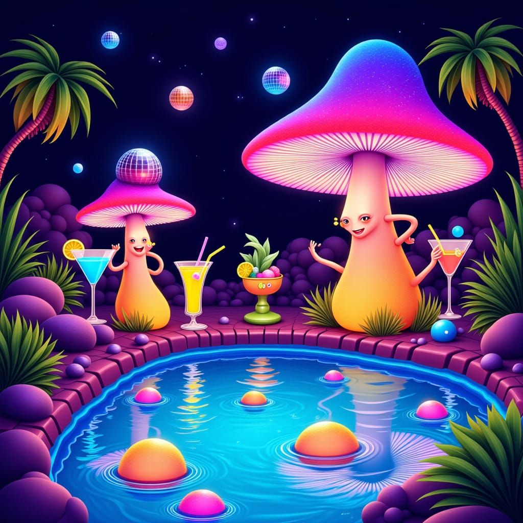 Dancing Mushroom Spores Party at Retro Pool House