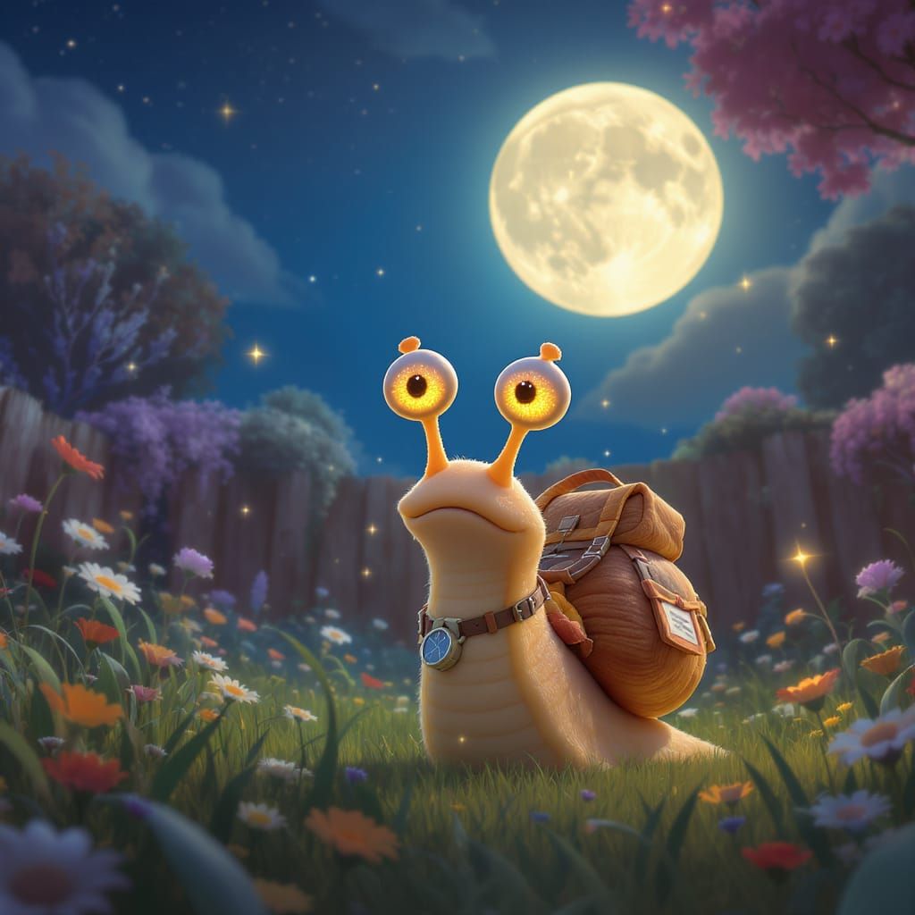 Curious Snail Explorer in Whimsical Moonlit Garden