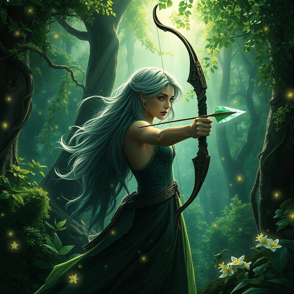 Ethereal Archer Surrounded by Glowing Fireflies in a Primeva...
