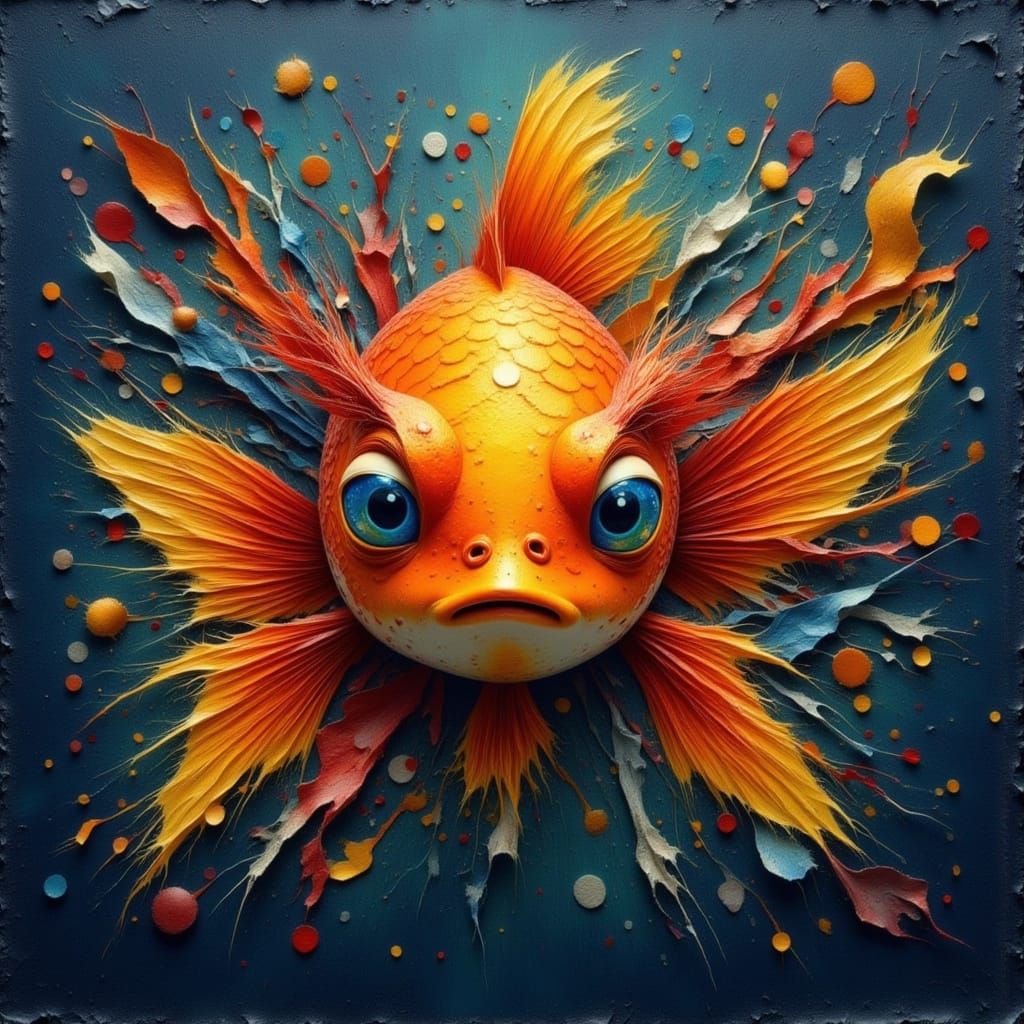 Golden-Orange Fish with Expressive Eyes in Vibrant Paint Spl...